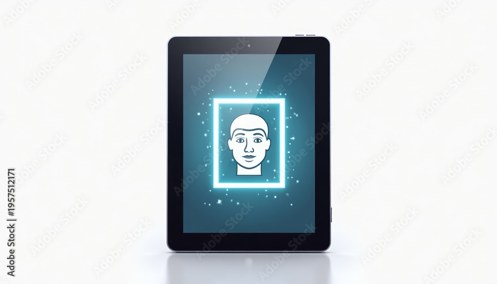 Fototapeta premium Facial recognition and face ID biometric scanning on tablet screen. Secure digital identification and cyber security technology concept.