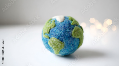 Needle felted blue and green globe on white background with blurred lights, representing environmental care, travel, and worldwide connection