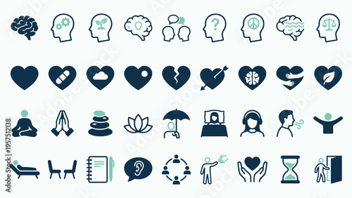 Mental Health and Wellness Solid Icon Set for Psychology and Self-Care