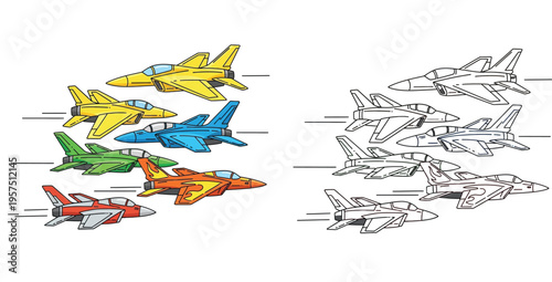 Colorful jet fighter planes and line art aircraft in flight formation vector illustration set for kids coloring books posters and aviation design projects