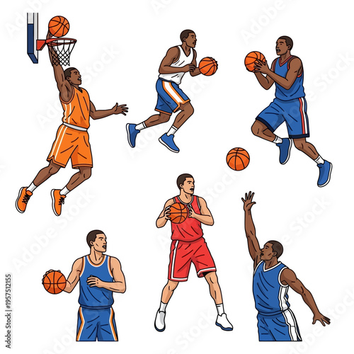 Diverse basketball players in action, dynamic poses, sports illustration, isolated on white