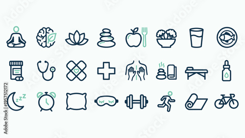 Wellness and Healthy Lifestyle Icon Set Featuring Meditation, Exercise, and Nutrition Symbols