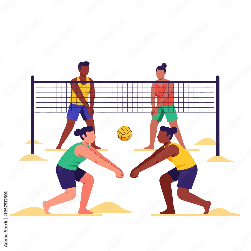 Fototapeta premium Diverse group playing beach volleyball game on sandy court with net and ball