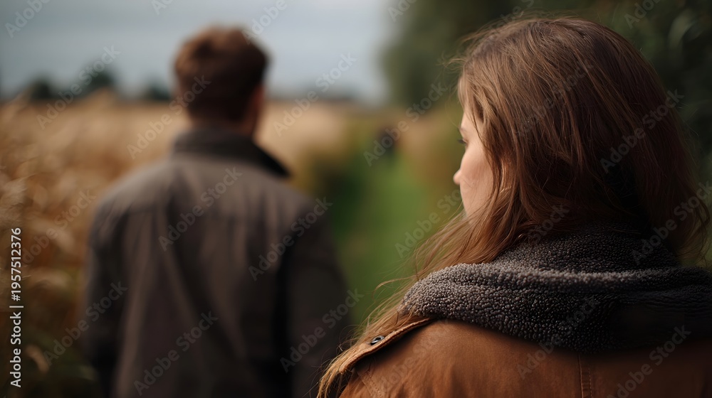 Fototapeta premium A couple walks a path through a rural field one ahead one observing the distance