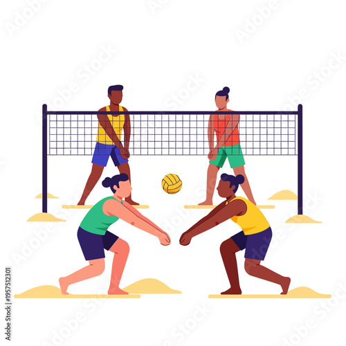 Diverse group playing beach volleyball game on sandy court with net and ball