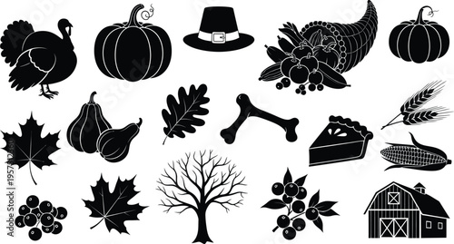 Black silhouette icons of thanksgiving themed items isolated on transparent background