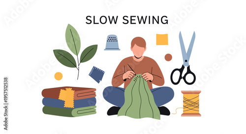 Mindful Slow Sewing Craft: Person Hand Stitching Fabric with Textile Tools & Materials Illustration