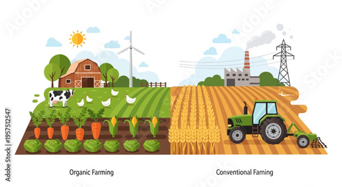 Organic vs. Conventional Farming Illustration: Sustainable Agriculture, Eco-Friendly Food Production & Industrial Practices Comparison