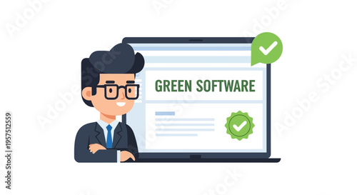 Green Software Concept: Businessman Presents Eco-Friendly & Sustainable IT Solutions with Certified Technology on Laptop