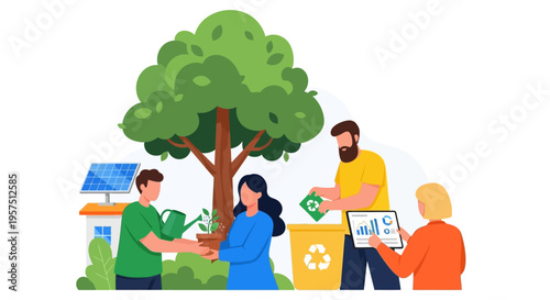 Environmental Protection & Sustainable Living Concept: People Planting Trees, Recycling, and Using Solar Energy for a Green Future