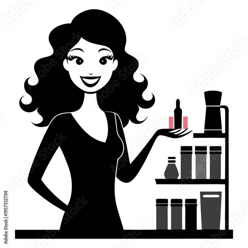 Silhouette vector art of a smiling woman standing with cosmetics in her hands