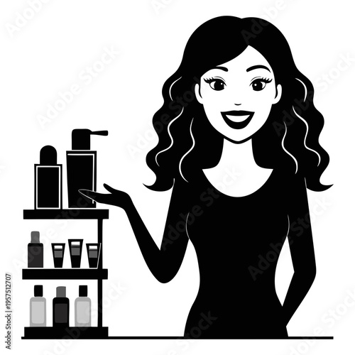 Silhouette vector art of a smiling woman standing with cosmetics in her hands
