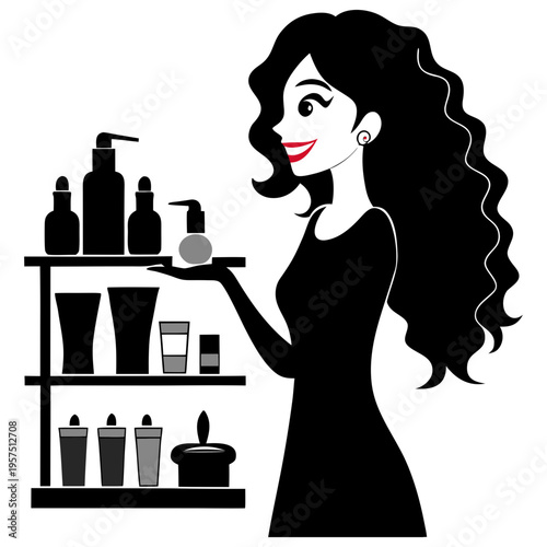Silhouette vector art of a smiling woman standing with cosmetics in her hands