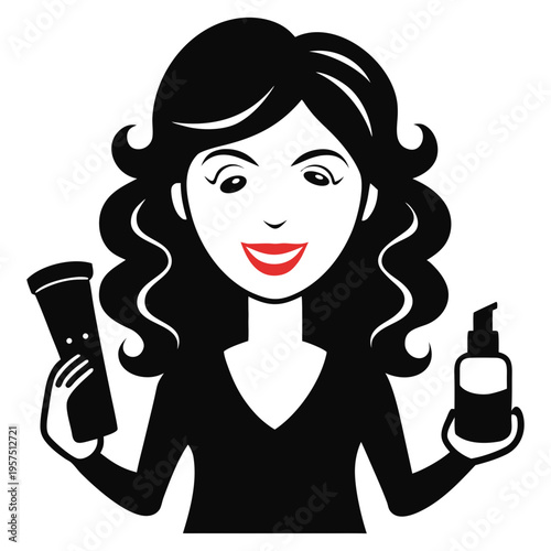 Silhouette vector art of a smiling woman standing with cosmetics in her hands