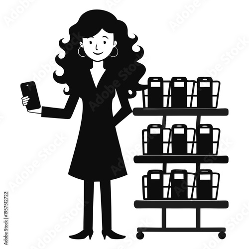 Silhouette vector art of a smiling woman standing with a mobile phone in her hand