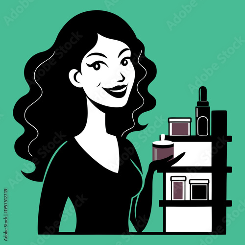 Silhouette vector art of a smiling woman standing with cosmetics in her hands