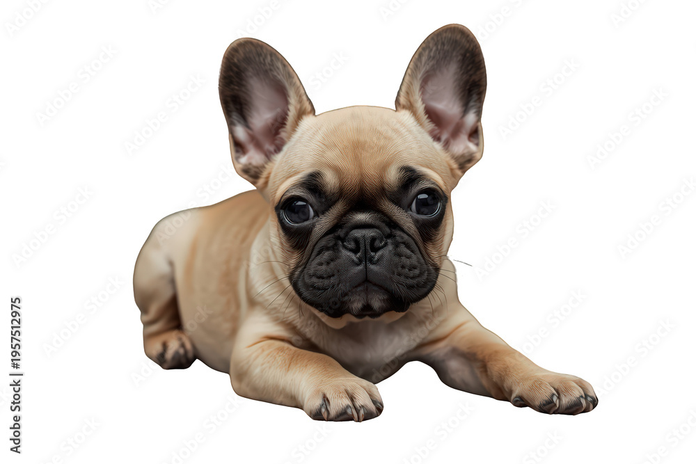 Obraz premium Fawn french bulldog puppy lying down, looking at camera, studio shot with transparent background