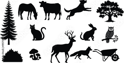 Silhouette of various animals and trees isolated on transparent background