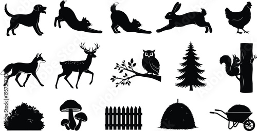 Silhouette collection of animals and garden elements isolated on transparent background