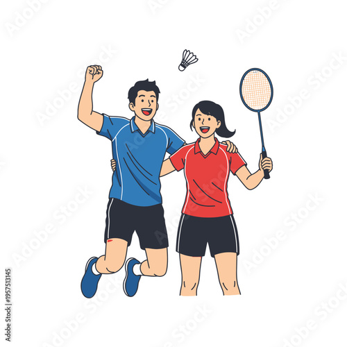 Happy Badminton Couple Celebrating Victory with Racquet and Shuttlecock
