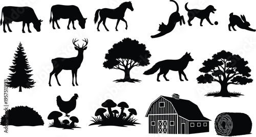 Silhouette of farm and forest animals isolated on transparent background