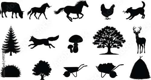 Silhouette of farm and garden objects isolated on transparent background