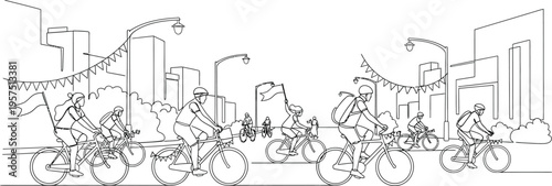 cycling in the city, bicycle riders on urban road