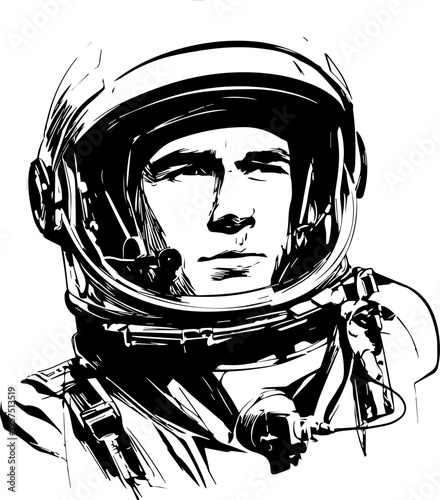 Hand Drawn Male Astronaut Black and White Avatar Illustration in Minimal Line Art Style Design