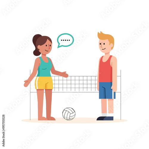 Two friends talking at volleyball net, communication during sports, active lifestyle