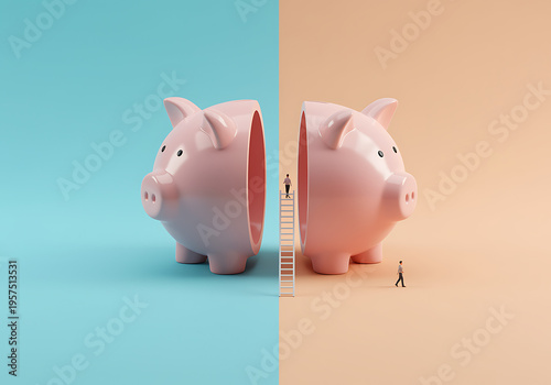 Two pink piggy banks with businessmen on a ladder between them on blue and orange background transparent background