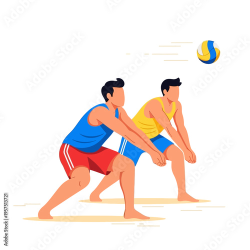 Two men playing beach volleyball, active lifestyle, summer sport, teamwork, action illustration