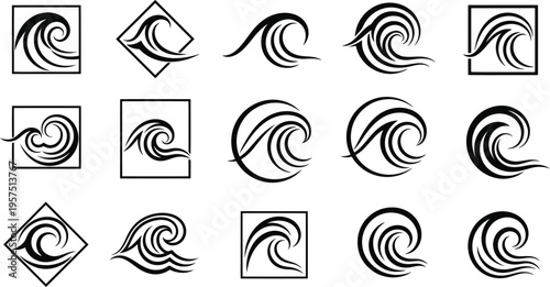 Collection of wave symbols in various shapes and orientations
