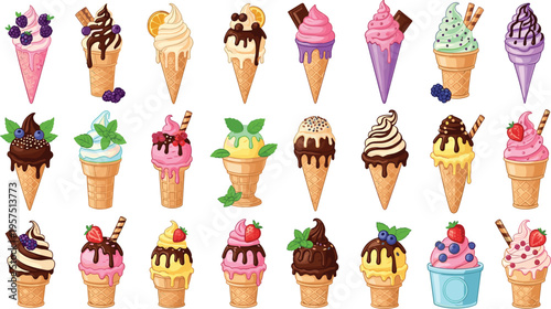 Large ice cream cone vector set. Cartoon collection of soft serve, gelato, and sundaes with berries, chocolate, and mint. Sweet summer desserts for cafe menus.