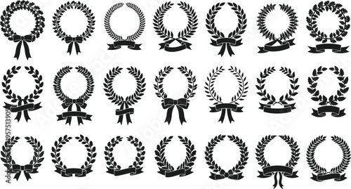 Collection of elegant laurel wreaths with ribbons and bows