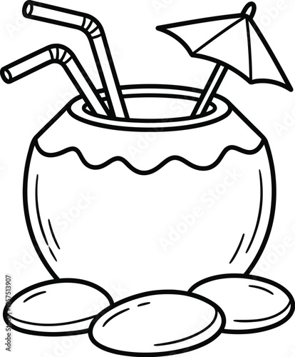 A coconut with straws and umbrella on a pile of coins