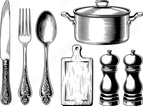 Vintage engraving style of kitchen utensils including a pot fork spoon knife cutting board and pepper mills