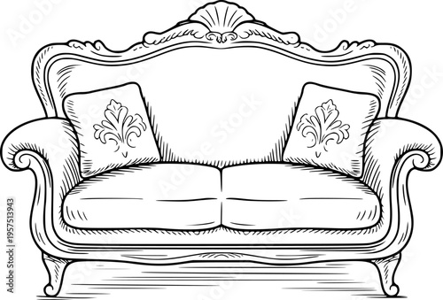 Ornate vintage sofa with decorative pillows and carved details a white background