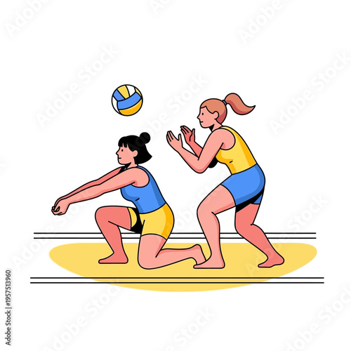Two women playing beach volleyball, active sport lifestyle, summer vacation fun