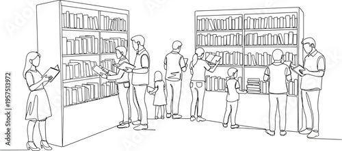 people in a library with bookshelves