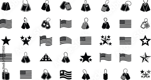 Patriotic dog tags and American flags with stars