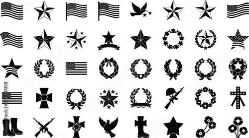 Patriotic symbols and military icons in black