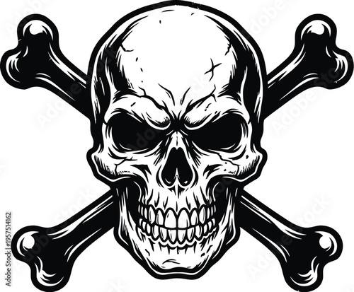 Skull with crossbones symbol in black and white illustration