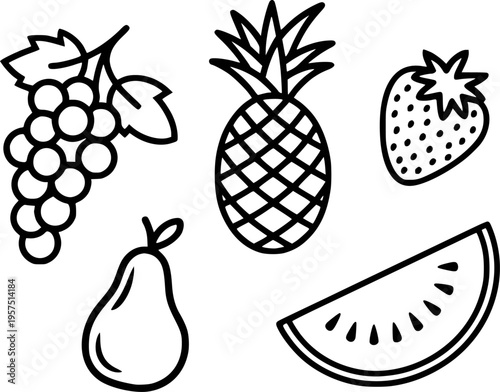 Simple black line of grapes pineapple pear strawberry and watermelon slice fruit