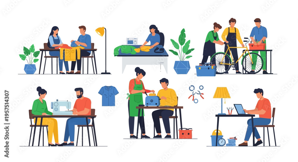 Fototapeta premium DIY & Repair Services: People Mending Clothes, Fixing Bicycles, and Appliances for Sustainable Living