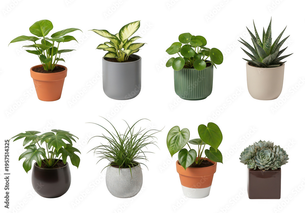 Fototapeta premium A collection of eight diverse indoor houseplants displayed in various modern decorative ceramic pots