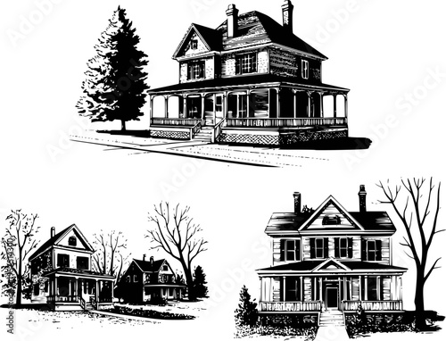 Vintage American houses with porches and trees in black and white style home building