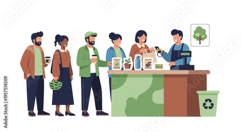 Eco-Friendly Shopping: Diverse Customers & Sustainable Products at Green Market Checkout with Contactless Payment
