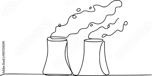 Minimalist single line of cooling towers emitting steam a white background industry