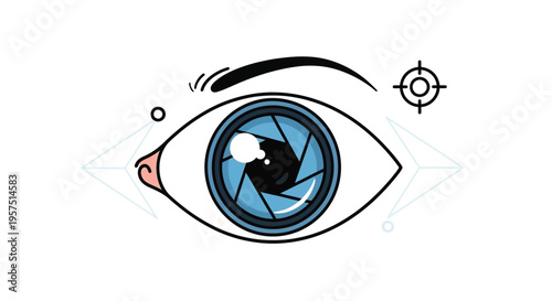 A cartoon eye with a camera lens and focus symbol on a white background