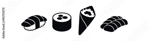 Four black sushi silhouettes featuring two nigiri a maki roll and a temaki hand roll.